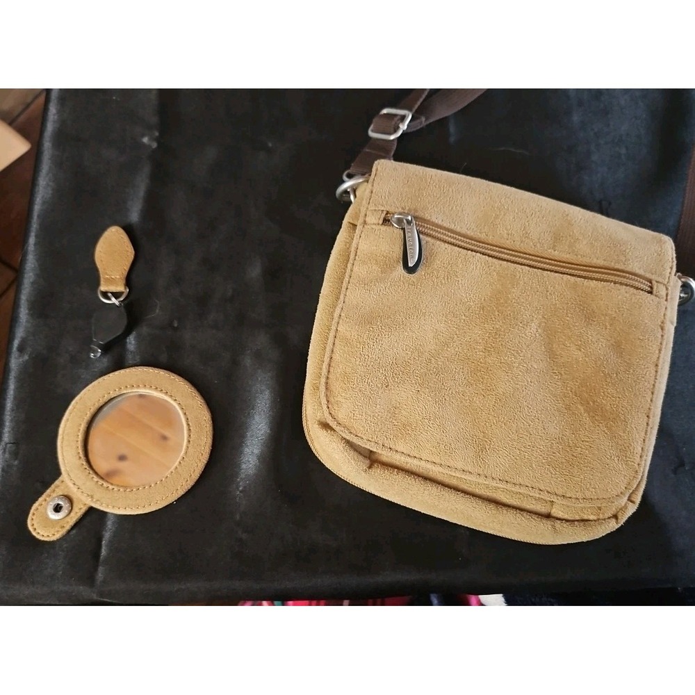 Travelon Cross Body Sling Bag Purse Crossbody Handbag Tan Faux Suede Mirror - Picture 7 of 7
